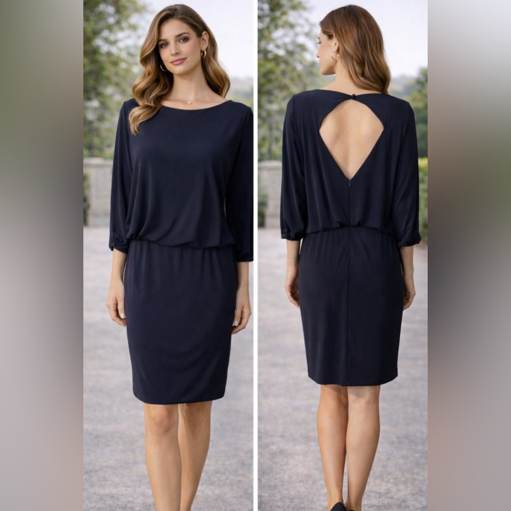 Jessica Simpson Dress 8 Navy Blue Open Back Stretch 3/4 Long Sleeve NWT NEW $98